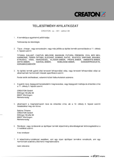 Teljesítmény nyilatkozat (német cserepek)